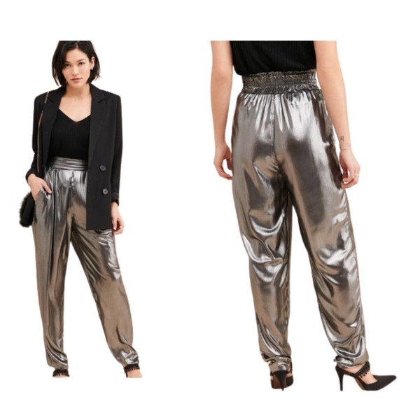 Ronny Kobo Silver Metallic Pleated High Waisted Pull on Alexandra Pants Size S